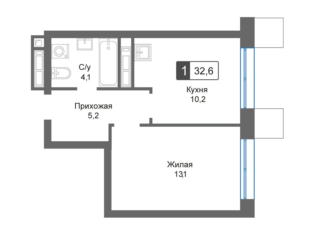 Планировка: 1-комн. квартира 32.60 м² в новостройке Отрада