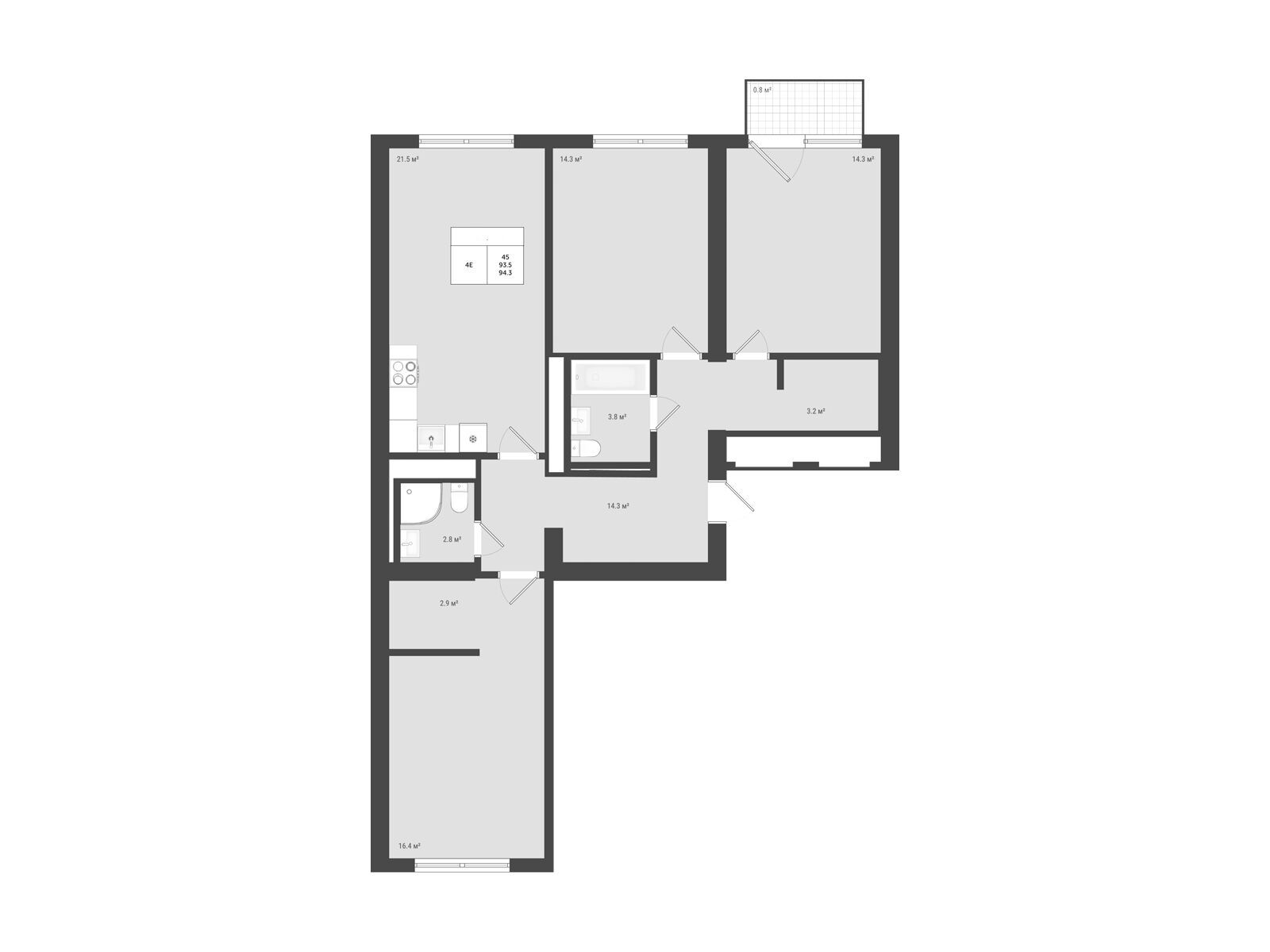 Планировка: 4-комн. квартира 94.30 м² в новостройке Яковлево