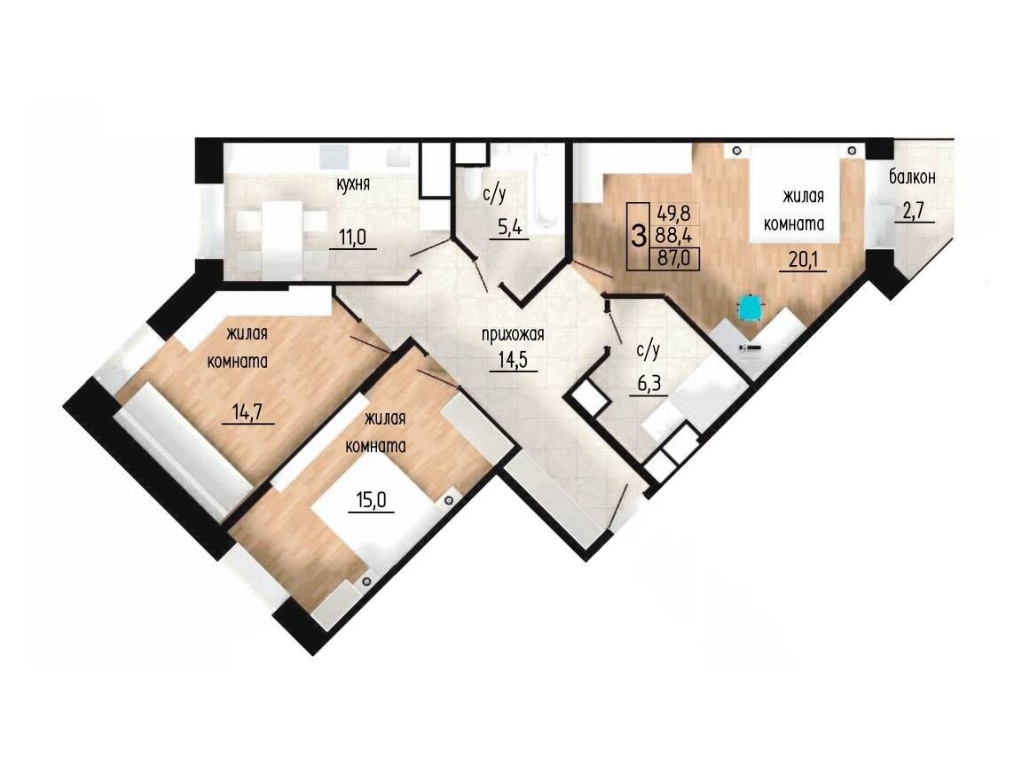 Планировка: 3-комн. квартира 88.40 м² в новостройке ЖК Литейный