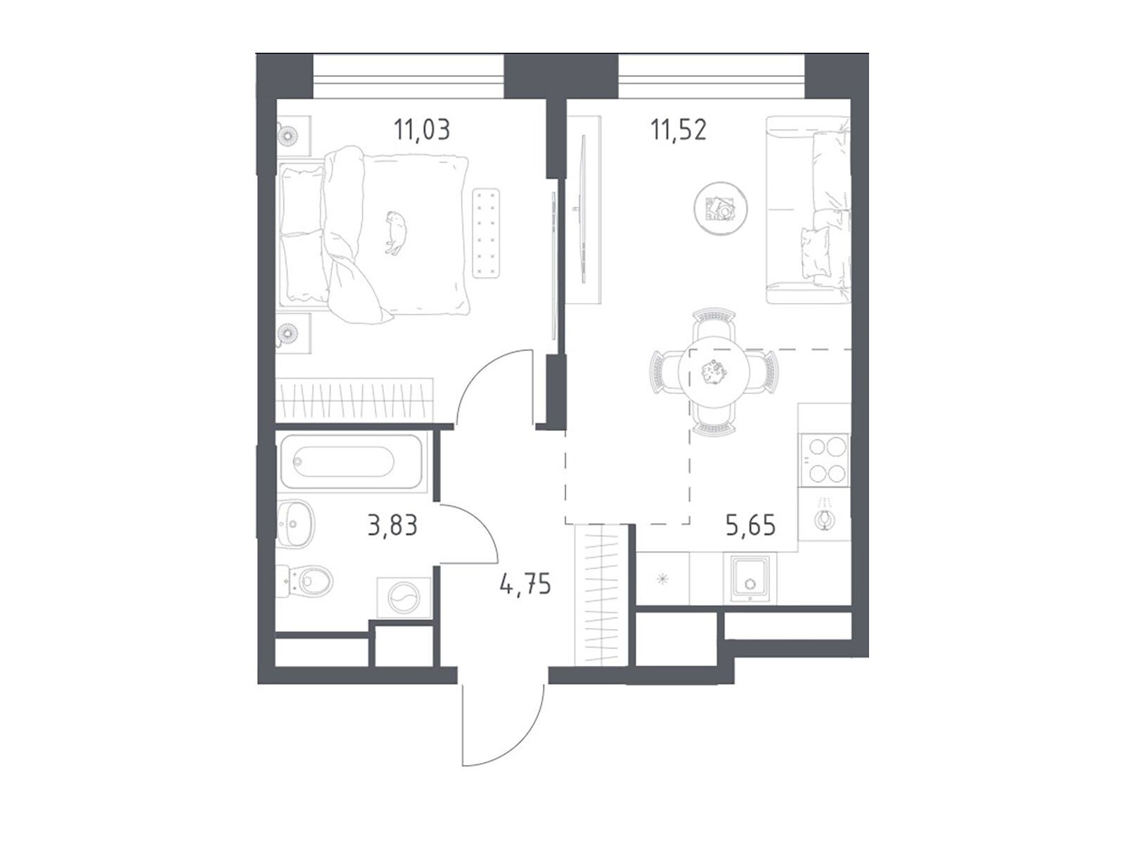 Планировка: 1-комн. квартира 36.40 м² в новостройке Новоград Павлино