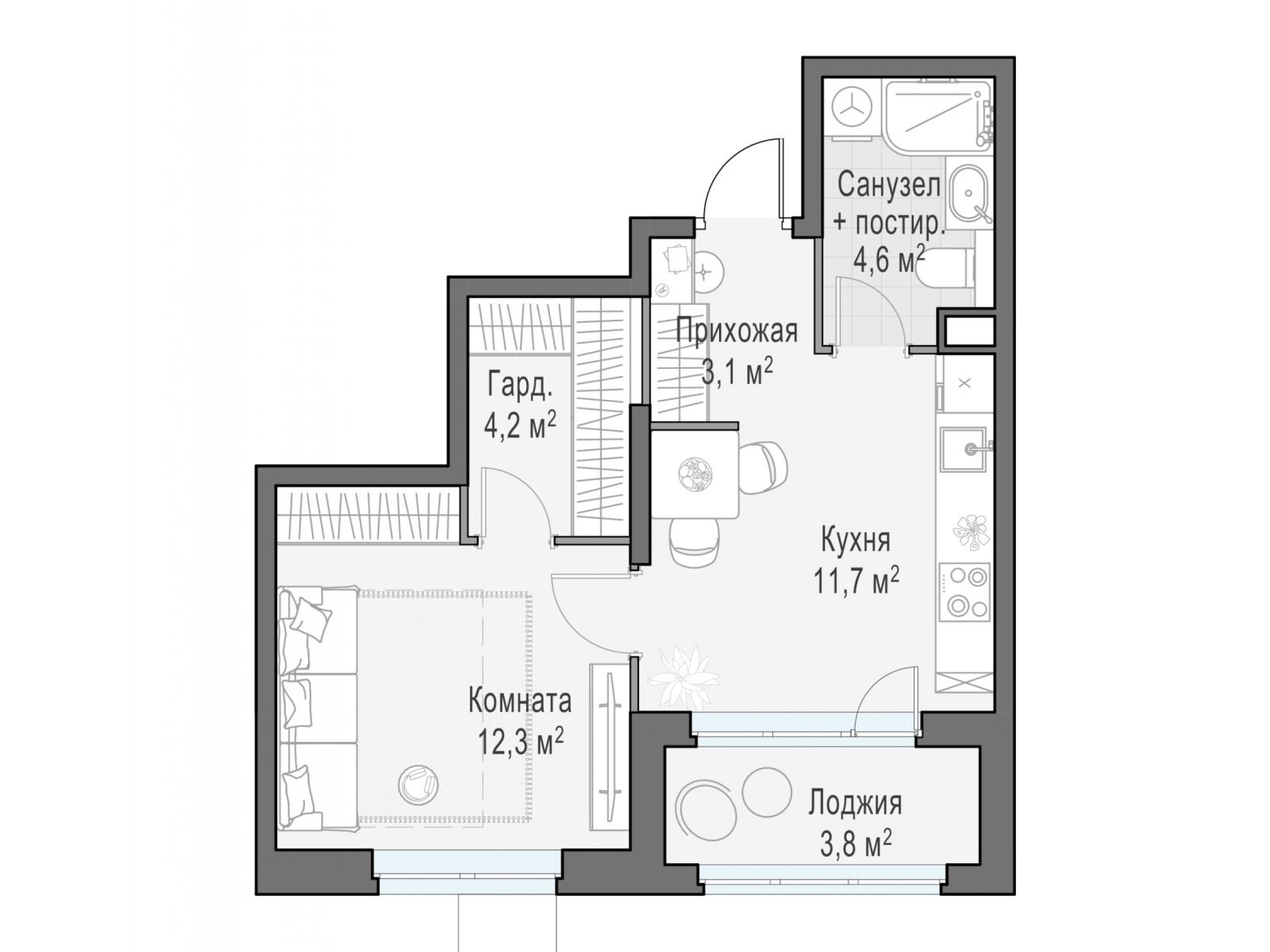 Планировка: 1-комн. квартира 35.90 м² в новостройке Новое Медведково