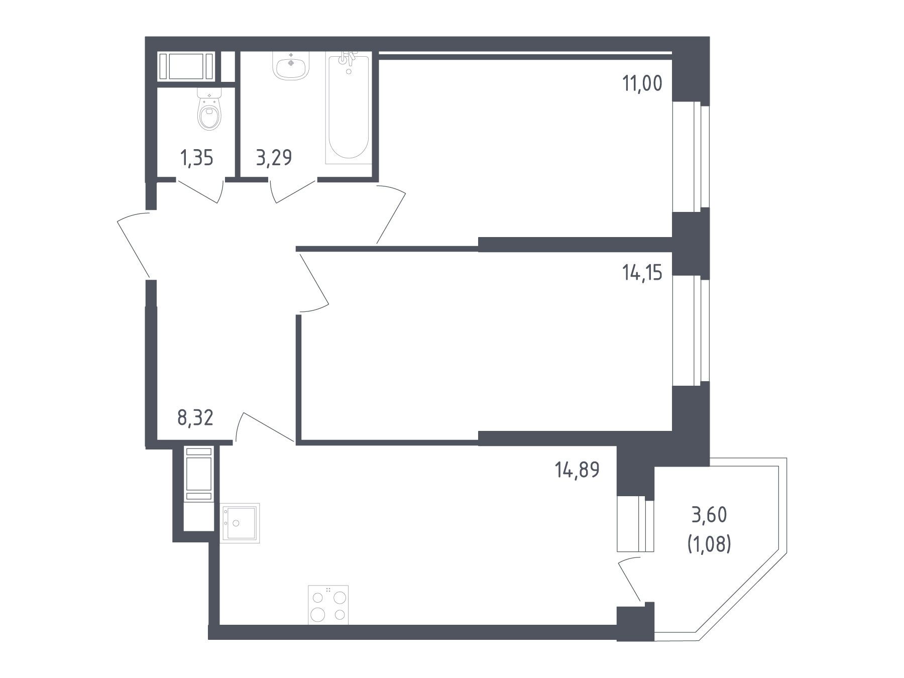 Планировка: 2-комн. квартира 54.08 м² в новостройке Живи! В Рыбацком
