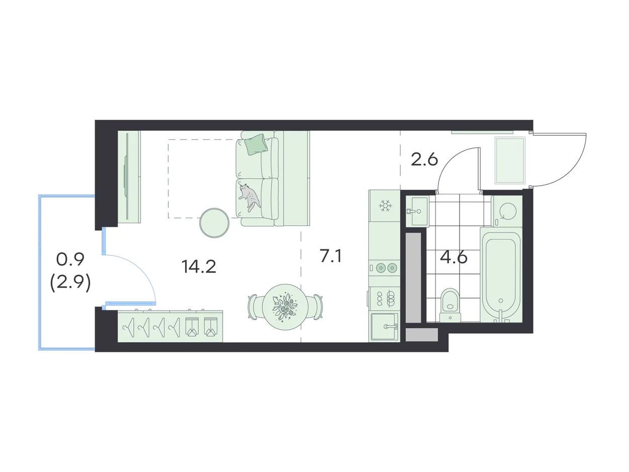 Планировка: Студия 29.40 м² в новостройке Джи Три Михалевич