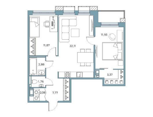 Планировка: 2-комн. квартира 64.25 м² в новостройке Взлетная 16