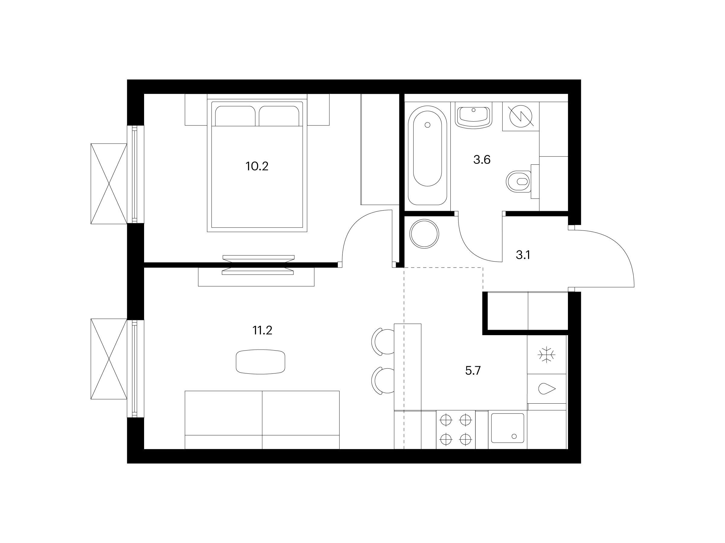 Планировка: 1-комн. квартира 33.80 м² в новостройке Яуза парк