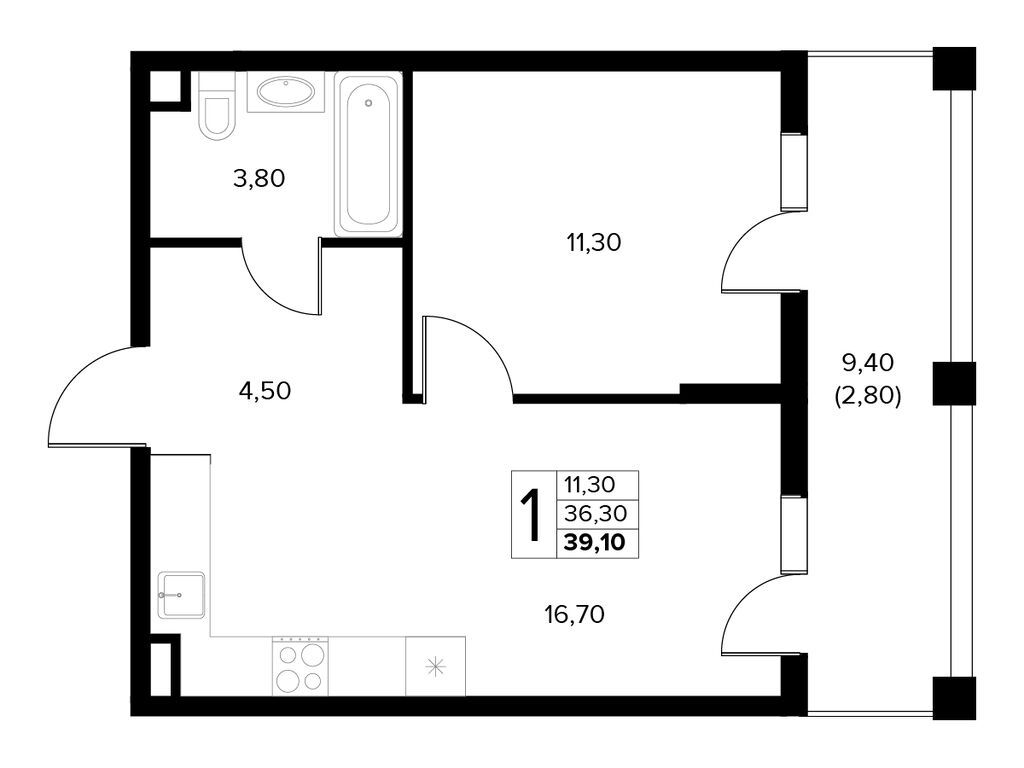 Планировка: 1-комн. квартира 39.10 м² в новостройке Кипарис