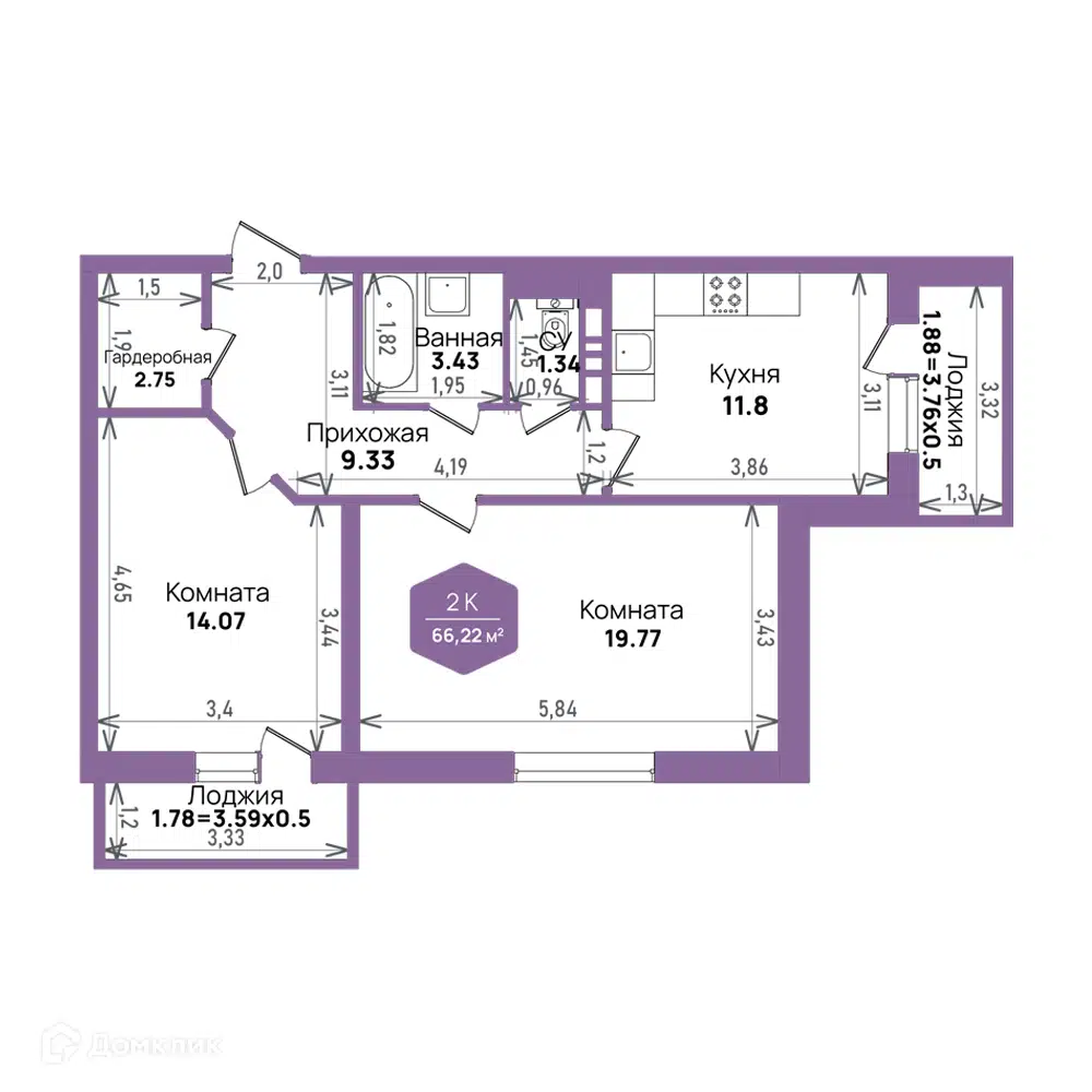 Планировка: 2-комн. квартира 66.22 м² в новостройке Левада