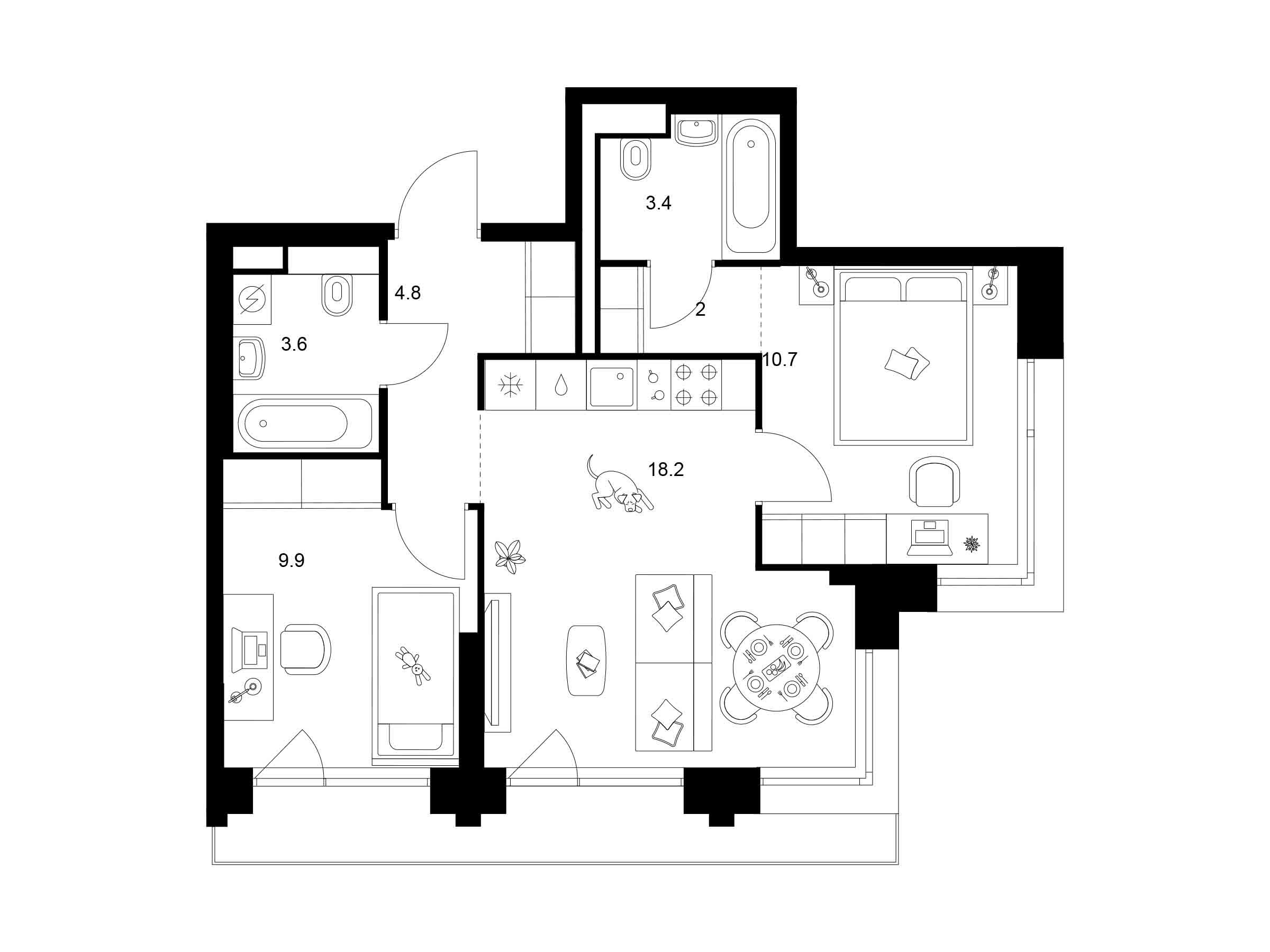 Планировка: 2-комн. квартира 53.90 м² в новостройке Строгино 360