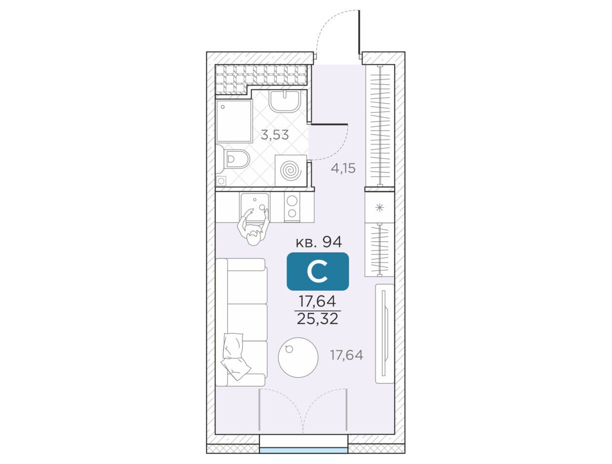 Планировка: 1-комн. квартира 25.32 м² в новостройке Гильдия