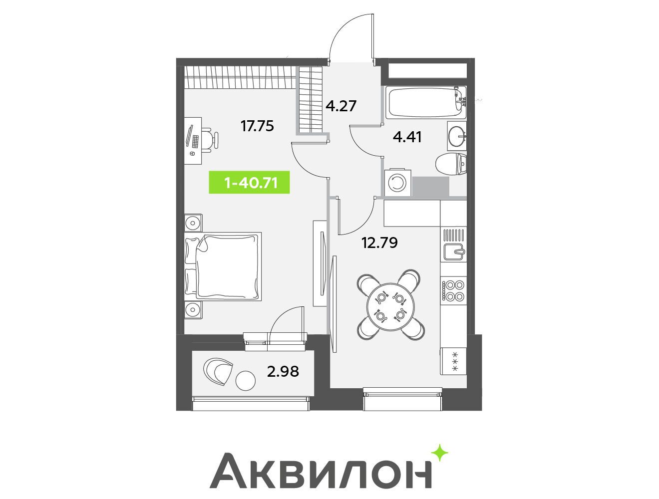 Планировка: 1-комн. квартира 42.10 м² в новостройке Аквилон Лив