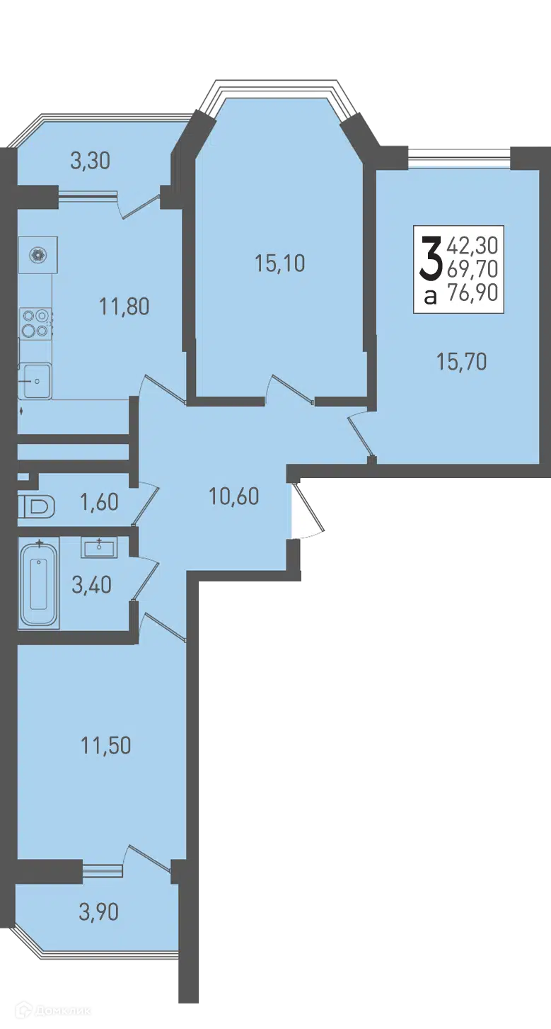 Планировка: 3-комн. квартира 76.90 м² в новостройке Огурцы