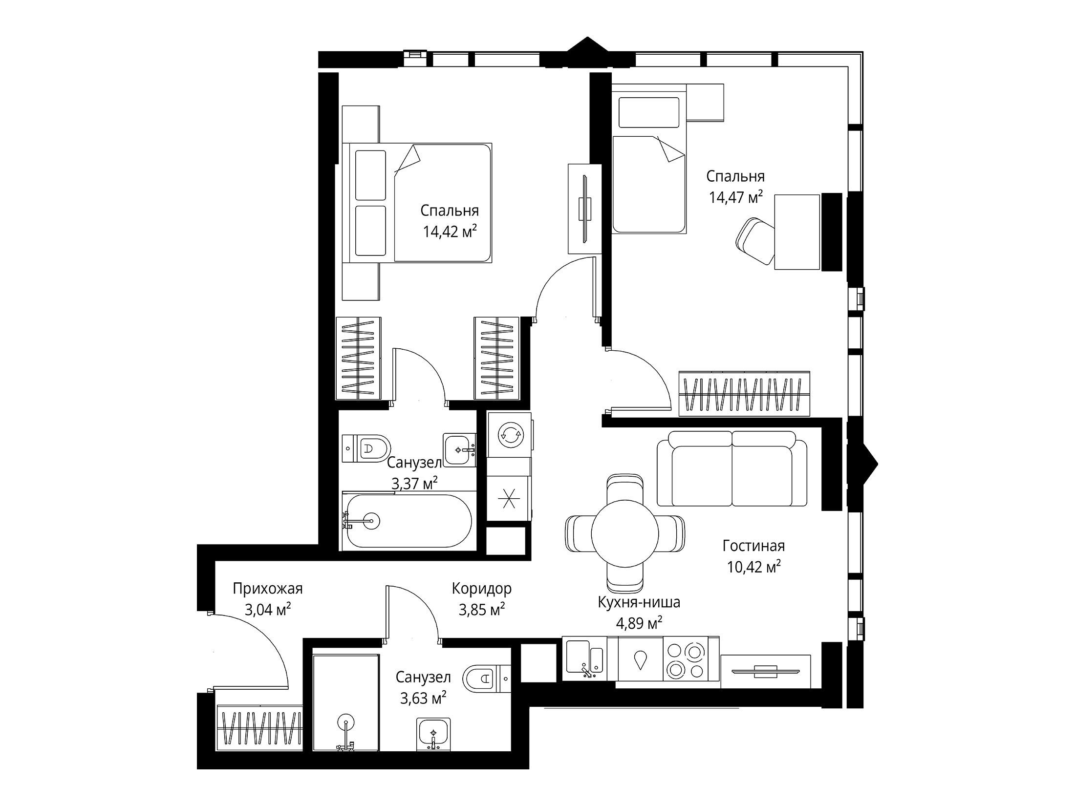 Планировка: 2-комн. квартира 58.09 м² в новостройке Джойс