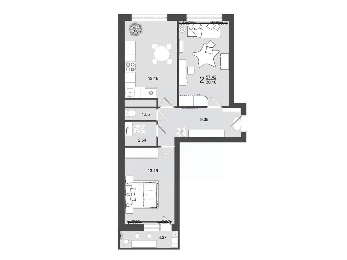 Планировка: 2-комн. квартира 57.42 м² в новостройке Майданово Парк