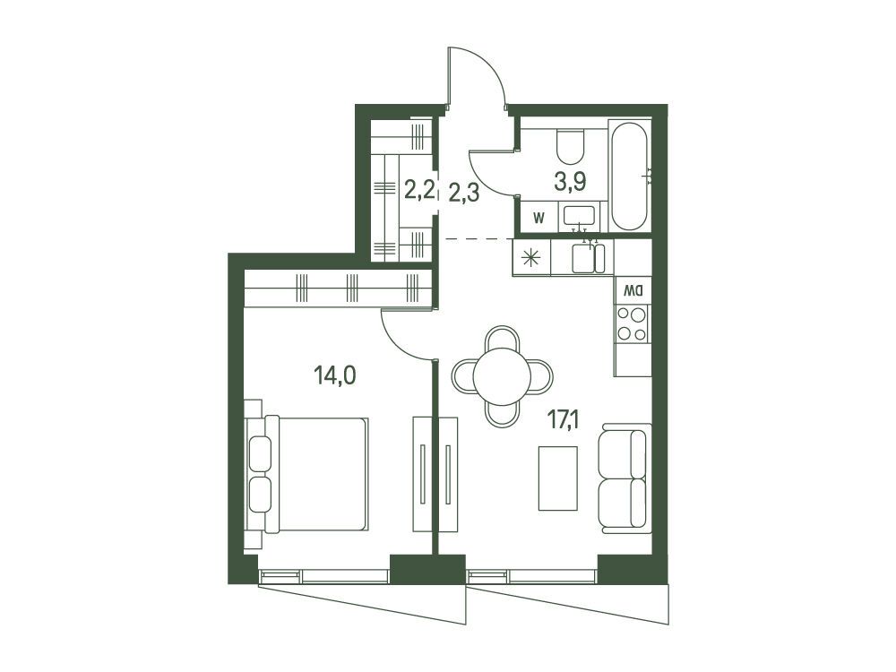 Планировка: 1-комн. квартира 39.50 м² в новостройке Моментс