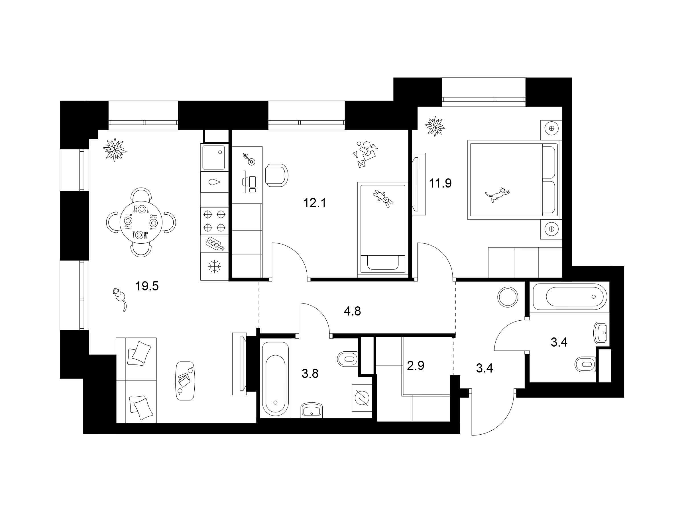 Планировка: 2-комн. квартира 61.80 м² в новостройке Онежский вал