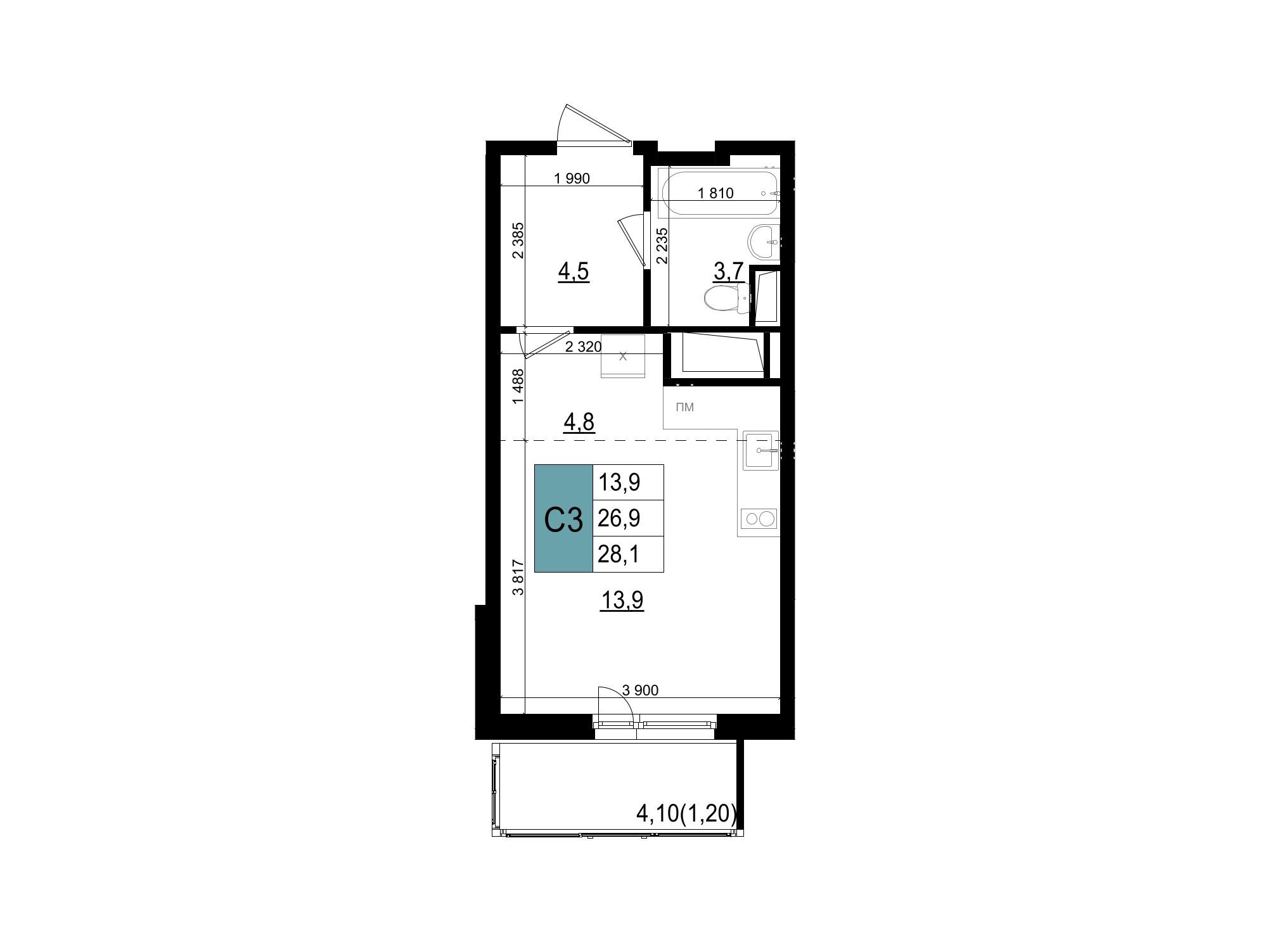 Планировка: Студия 28.10 м² в новостройке Одинцово сити