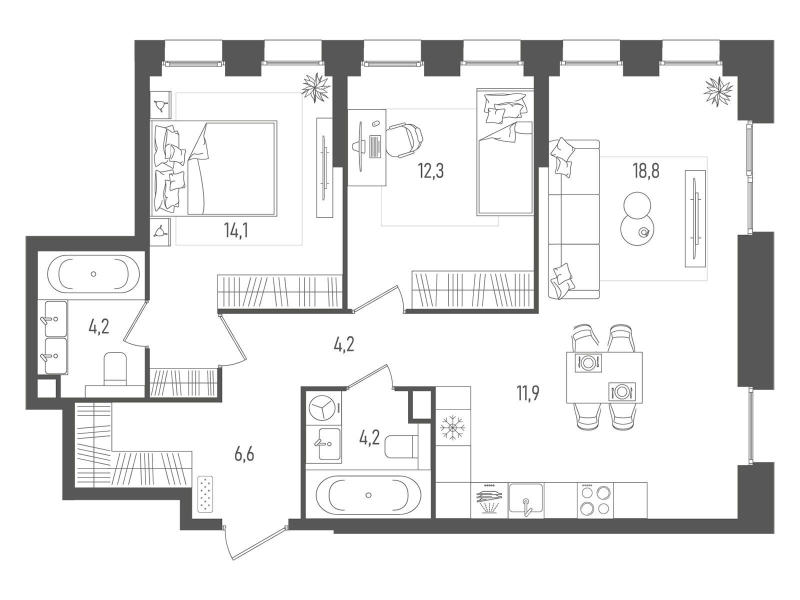 Планировка: 2-комн. квартира 76.30 м² в новостройке Пейв