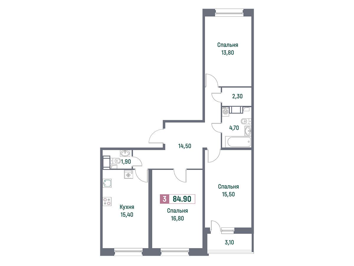 Планировка: 3-комн. квартира 84.90 м² в новостройке Фотограф