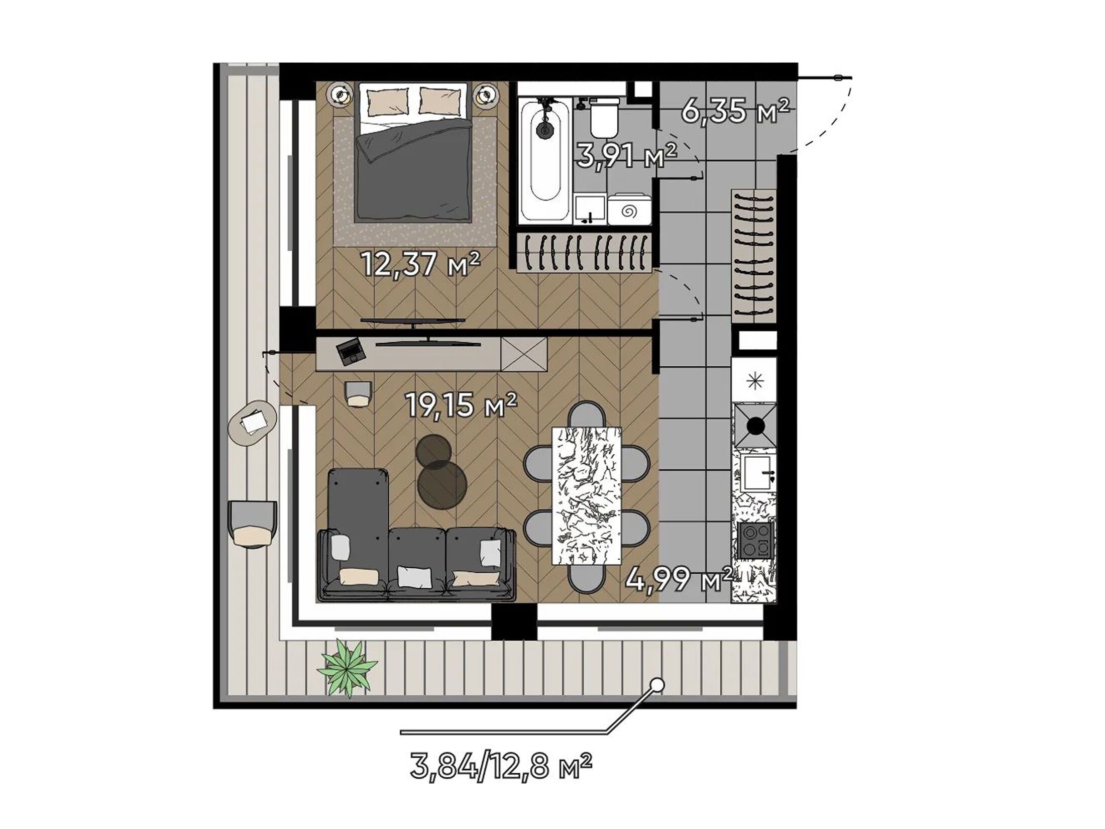 Планировка: 1-комн. квартира 50.61 м² в новостройке Серебряный бор