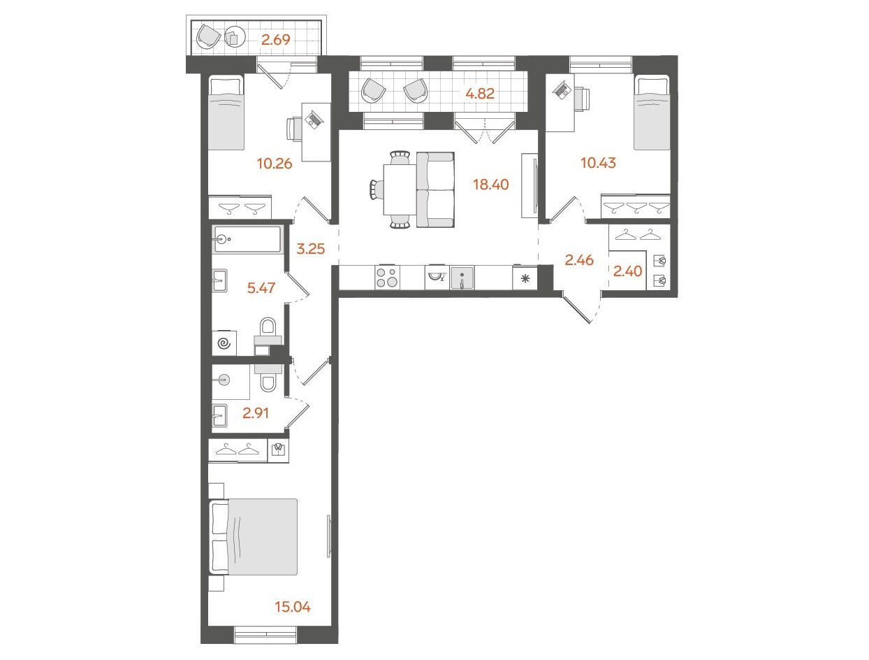 Планировка: 3-комн. квартира 73.80 м² в новостройке Ставни Обводный