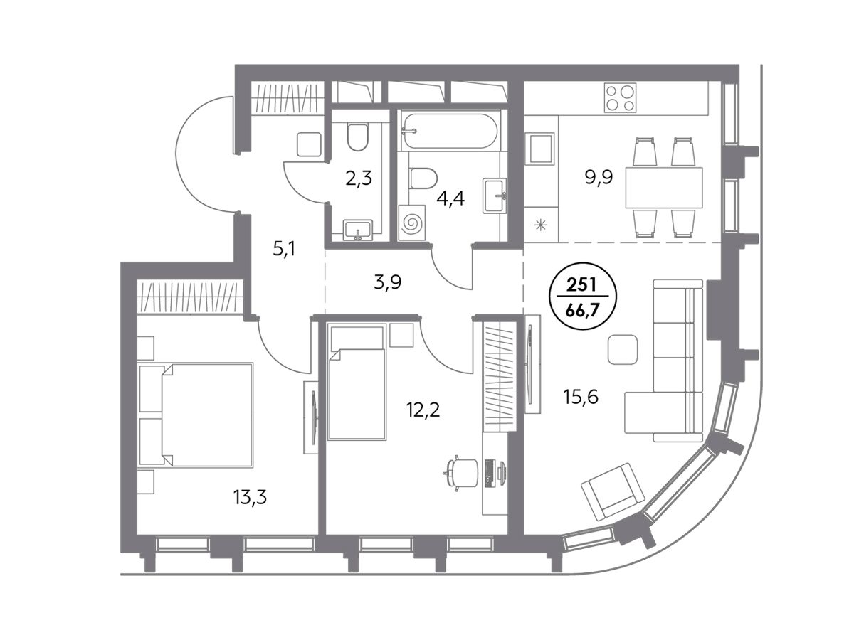 Планировка: 2-комн. квартира 66.70 м² в новостройке Дом 56