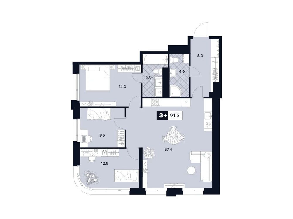 Планировка: 3-комн. квартира 91.30 м² в новостройке ЖК Юту