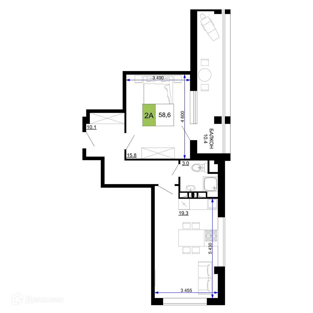 Планировка: 2-комн. квартира 58.60 м² в новостройке Мореград