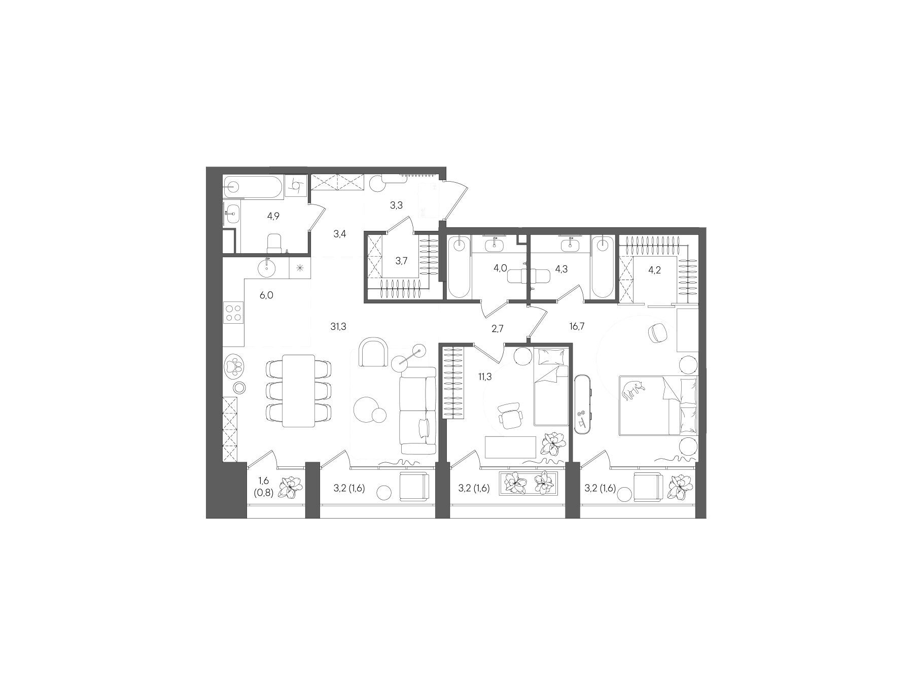 Планировка: 2-комн. квартира 95.40 м² в новостройке Стоун Райз