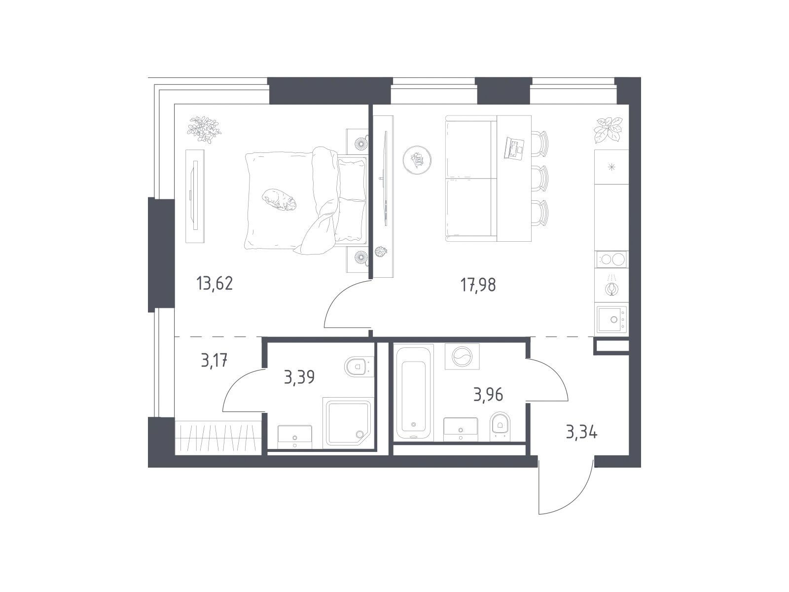 Планировка: 1-комн. квартира 45.46 м² в новостройке Литературный Квартал