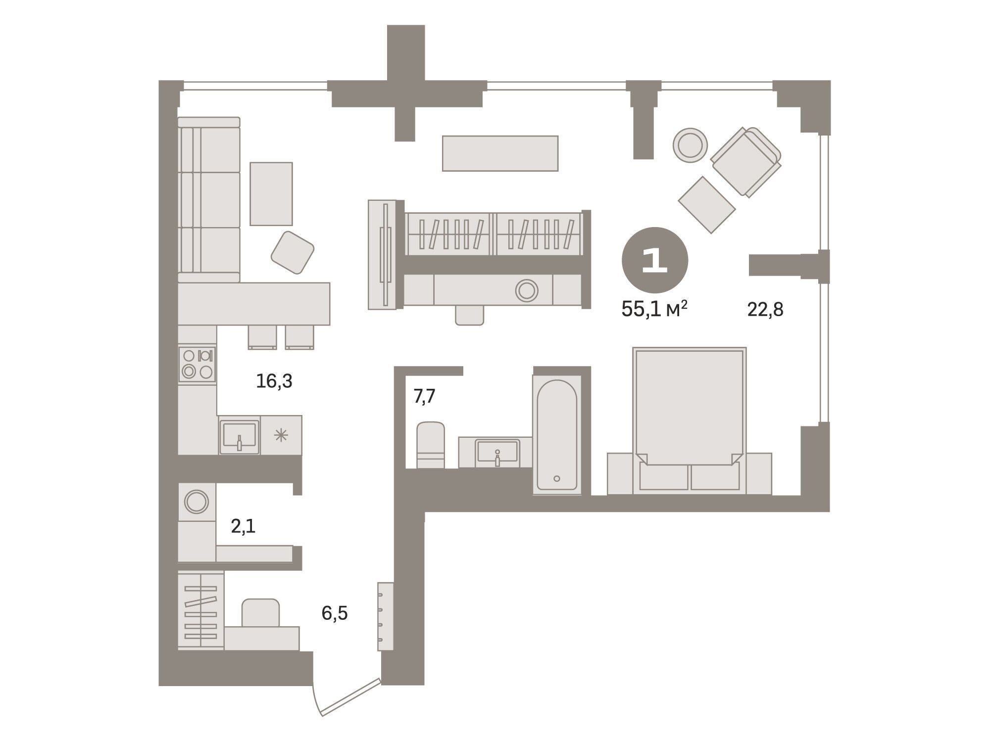 Планировка: 1-комн. квартира 55.80 м² в новостройке Издание