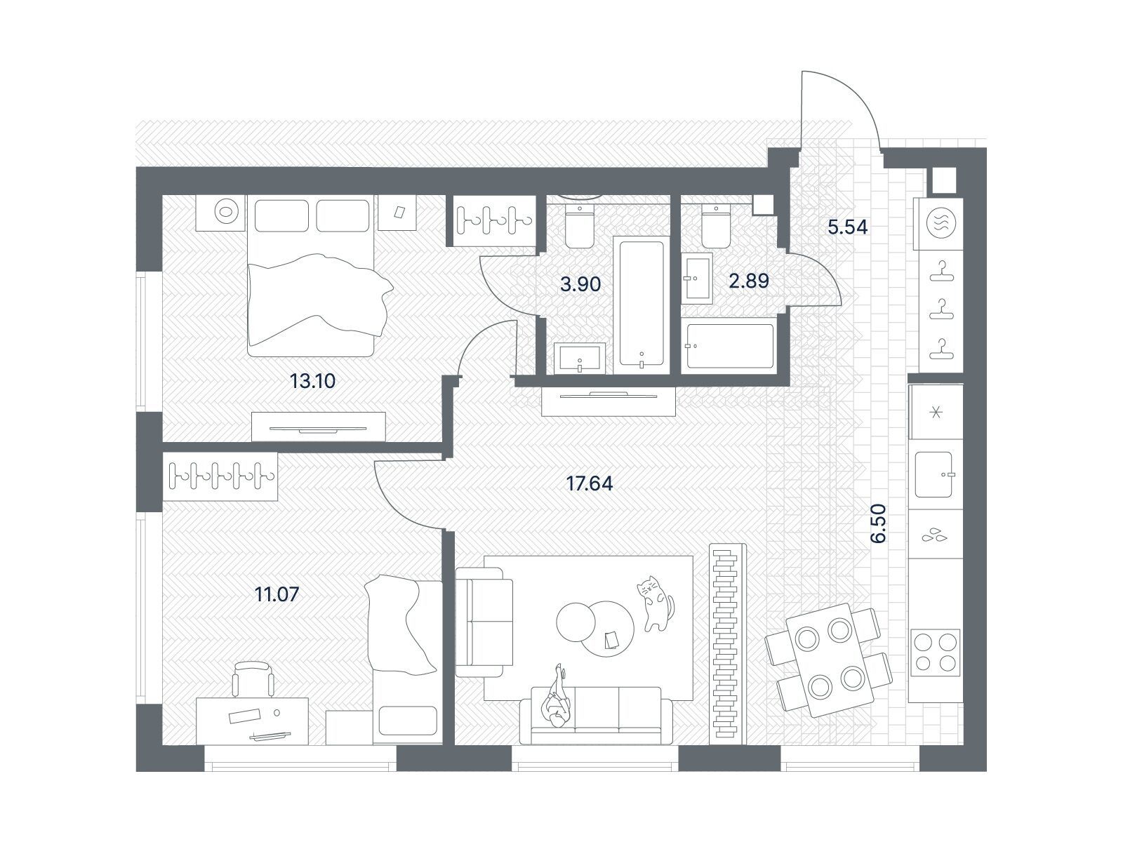 Планировка: 2-комн. квартира 60.64 м² в новостройке Тейт
