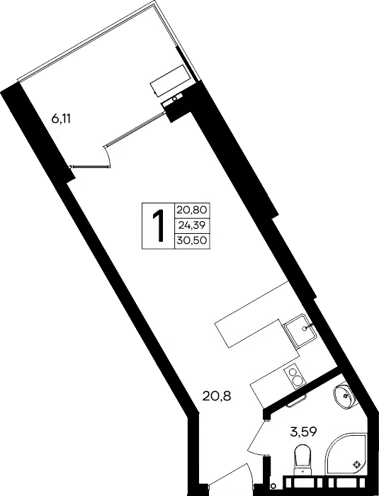 Планировка: 1-комн. квартира 30.50 м² в новостройке Апарт-комплекс Песок и море
