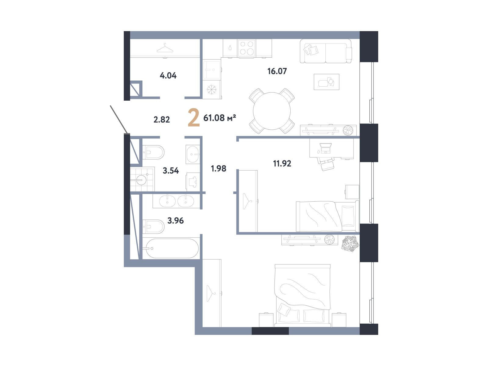 Планировка: 2-комн. квартира 61.08 м² в новостройке Репаблик