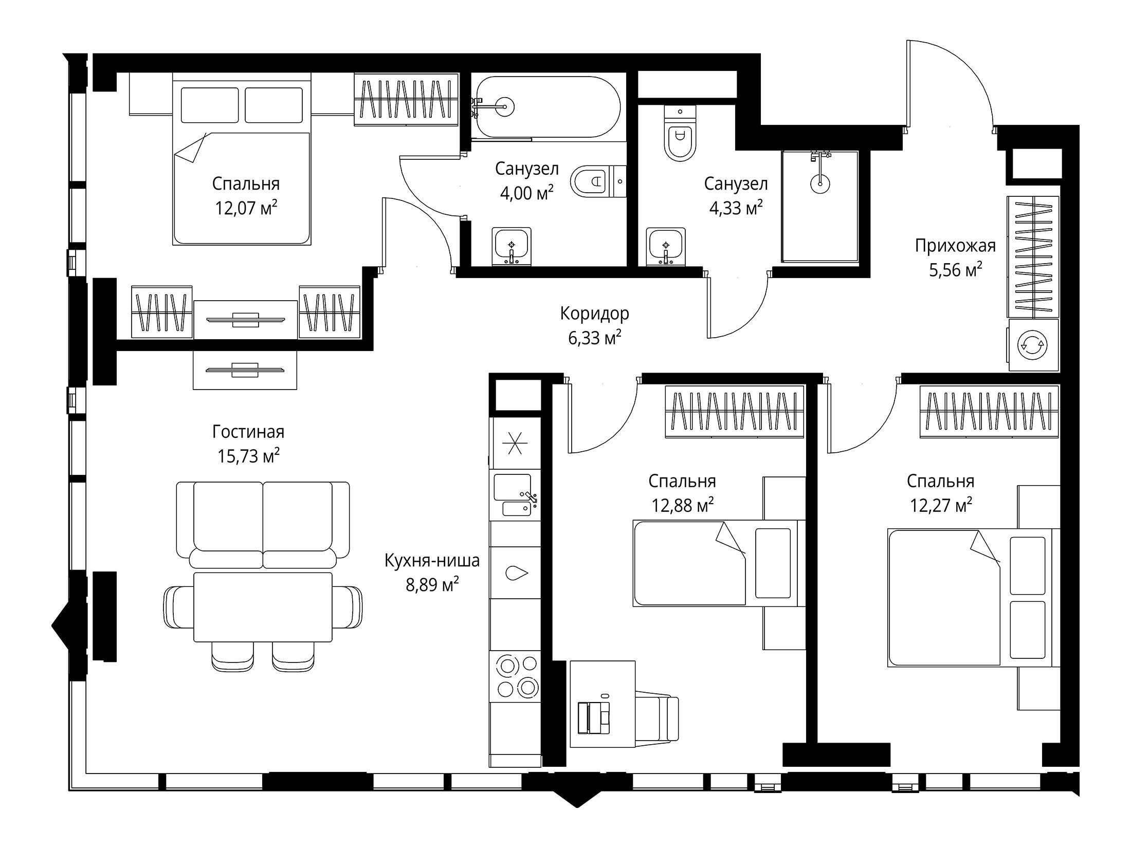 Планировка: 3-комн. квартира 82.06 м² в новостройке Джойс