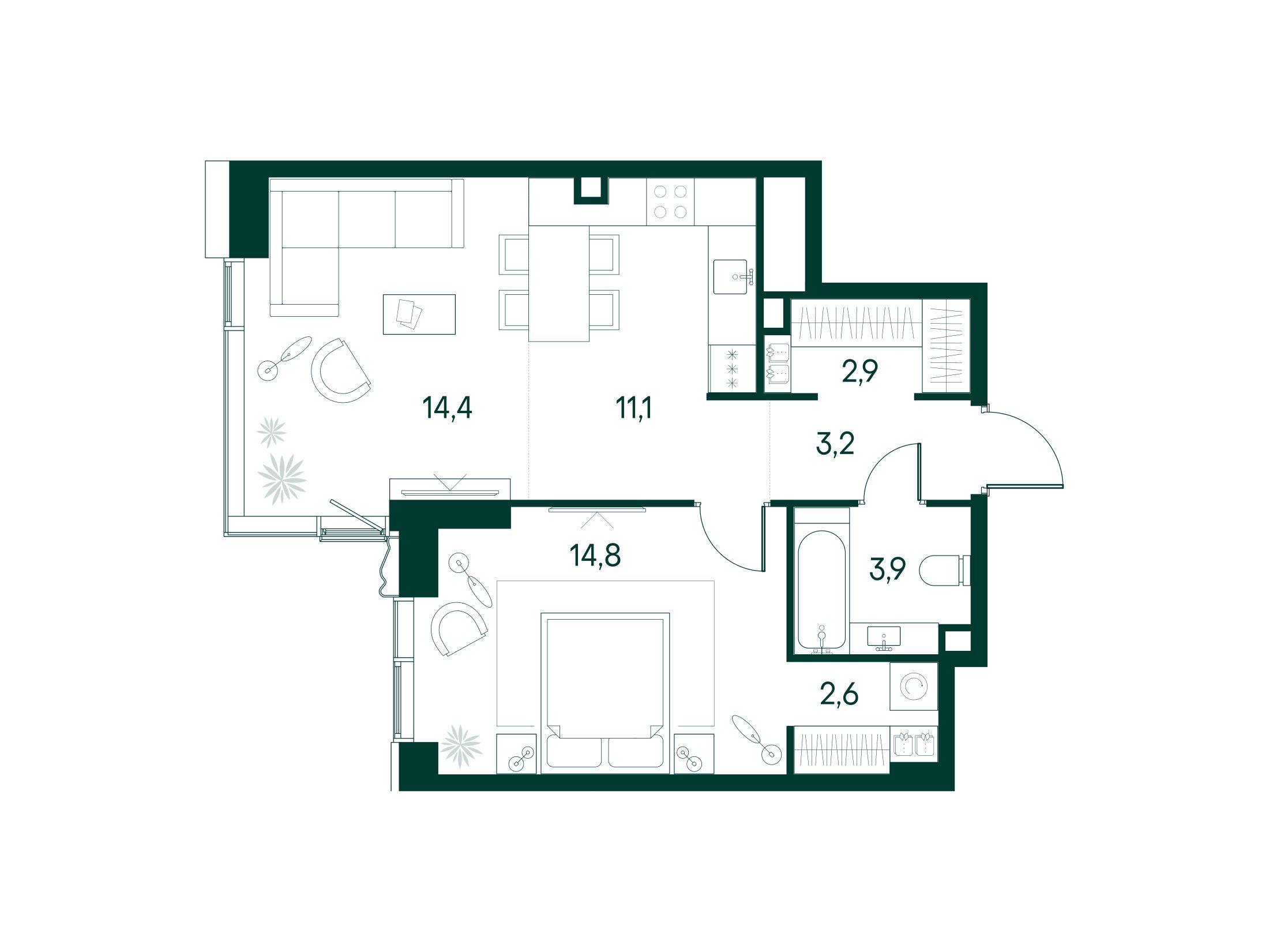 Планировка: 1-комн. квартира 52.90 м² в новостройке Примавера