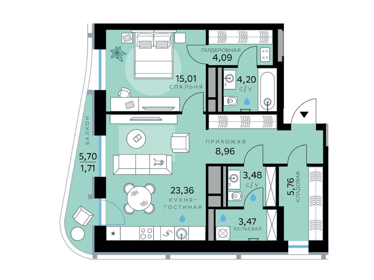 Планировка: 1-комн. квартира 70.04 м² в новостройке ЖК СберСити