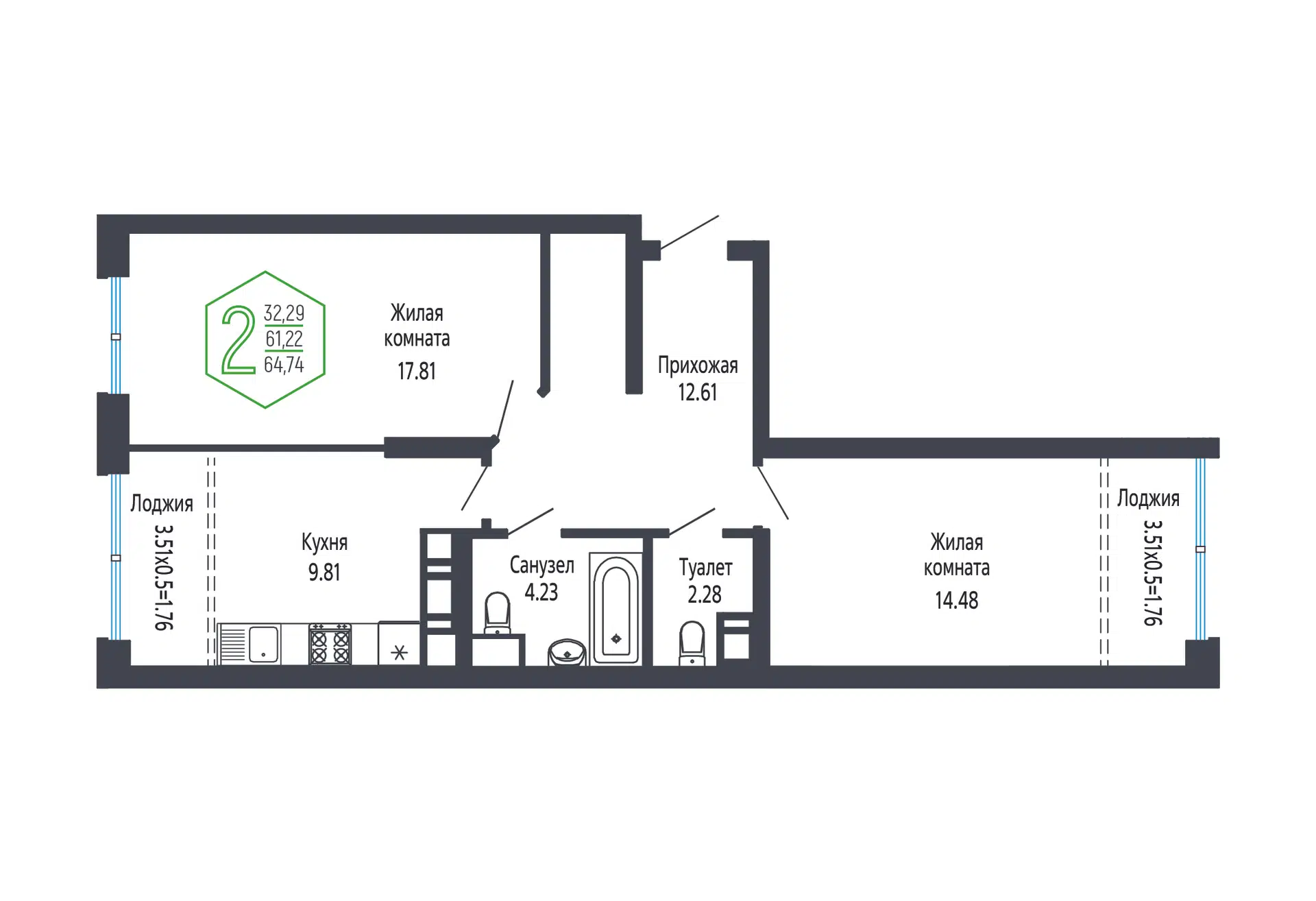 Планировка: 2-комн. квартира 64.83 м² в новостройке Гарантия на Обрывной