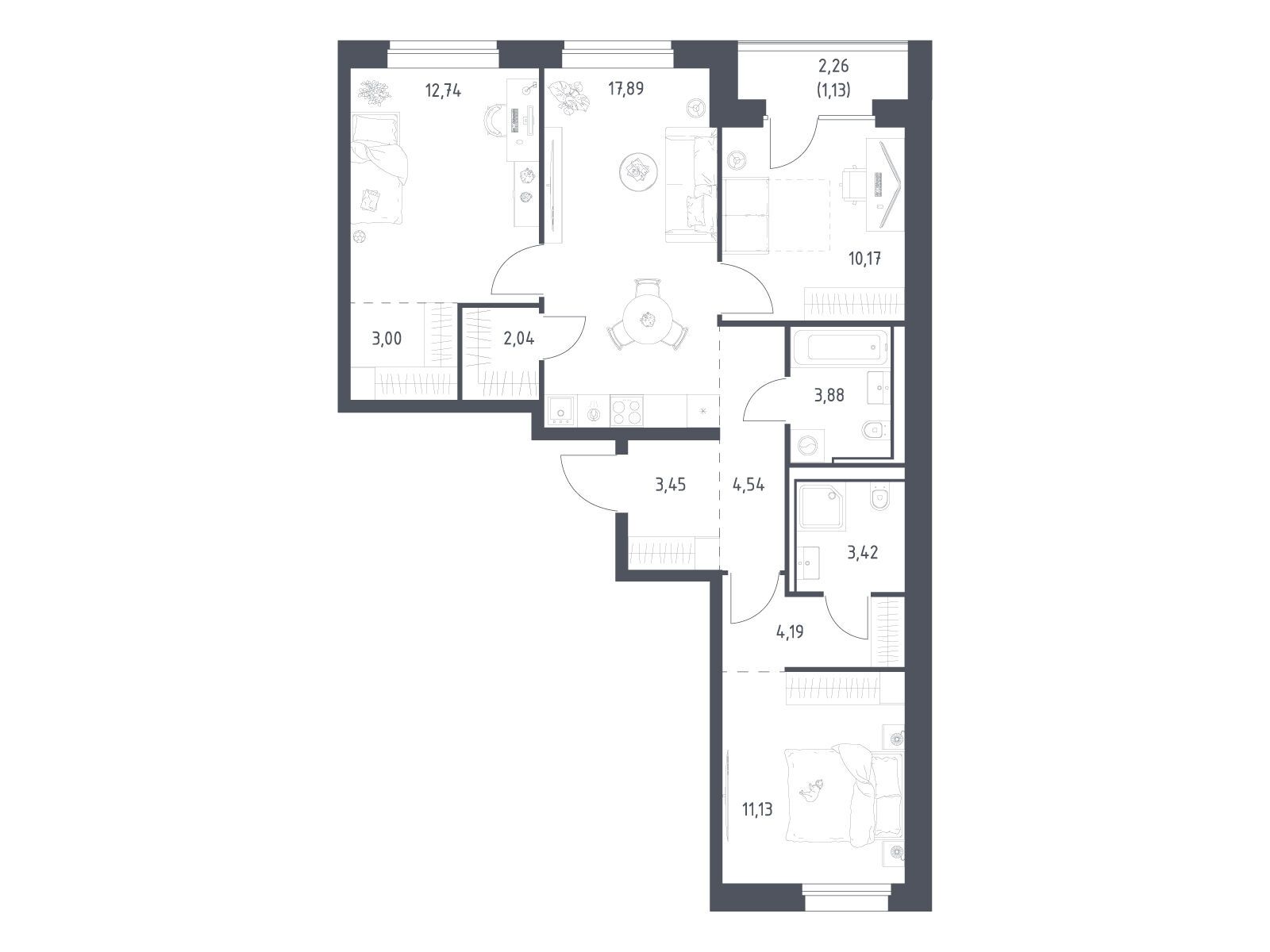 Планировка: 3-комн. квартира 77.58 м² в новостройке Литературный Квартал