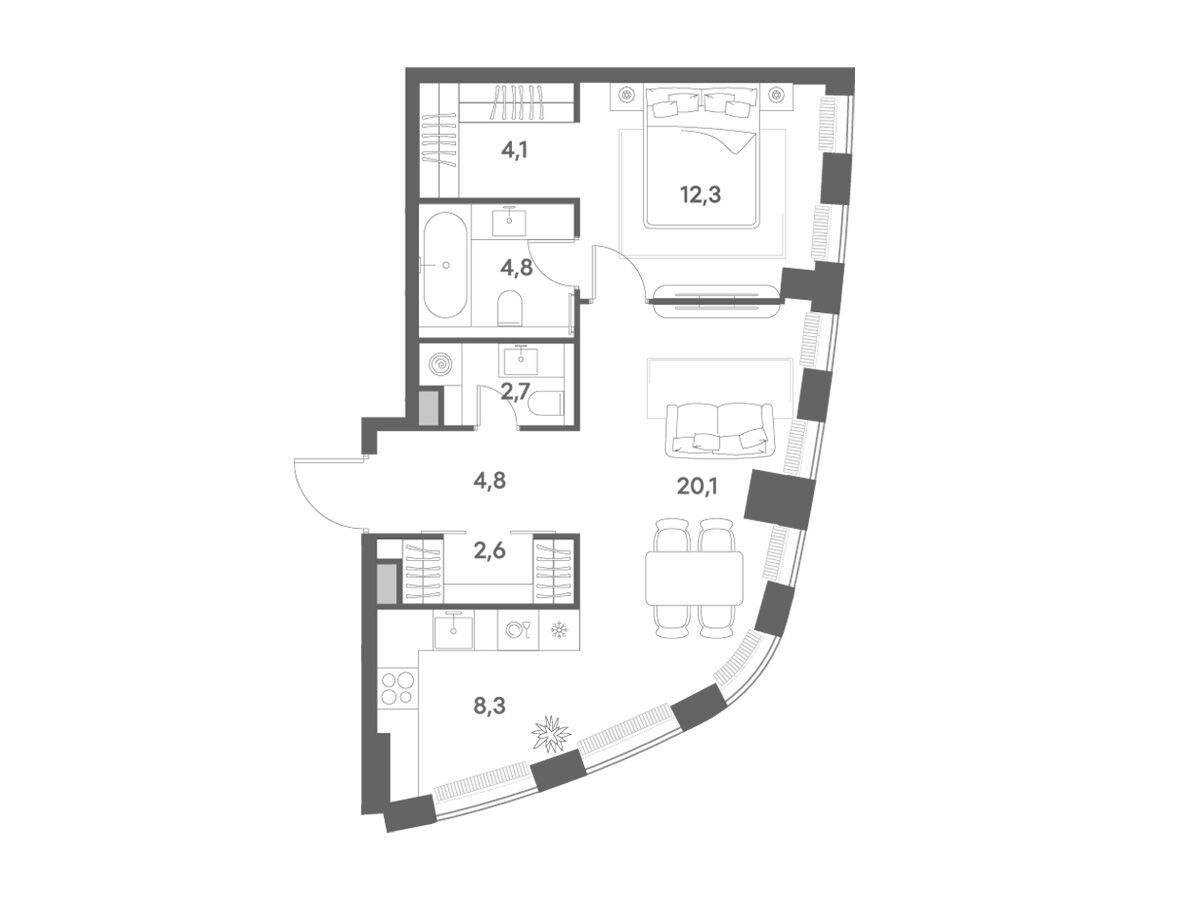 Планировка: 1-комн. квартира 59.70 м² в новостройке Энигмия