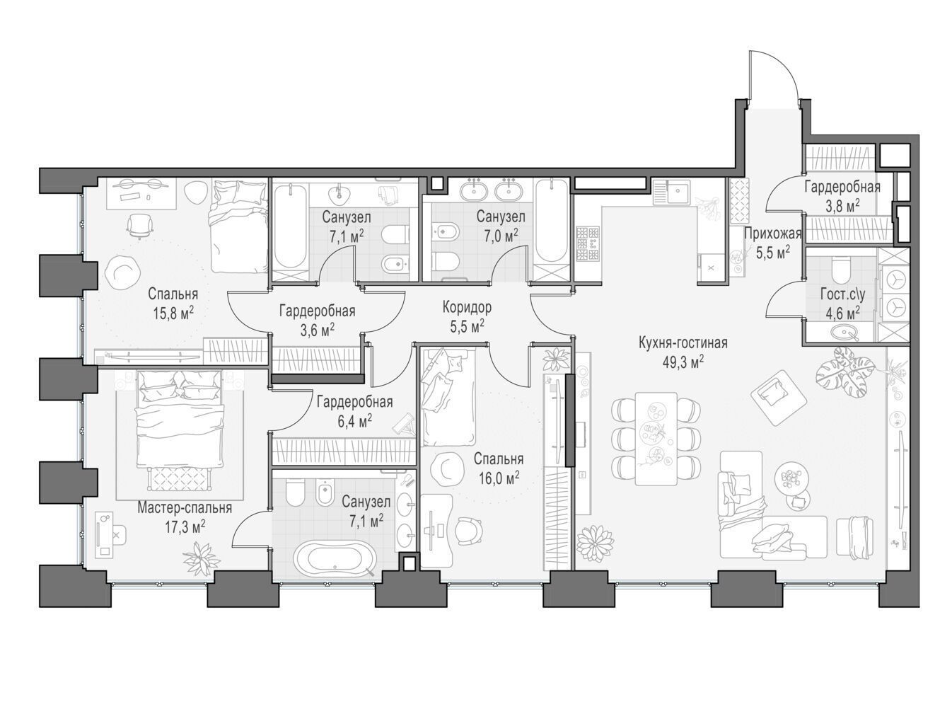 Планировка: 4-комн. квартира 148.90 м² в новостройке Лайф тайм
