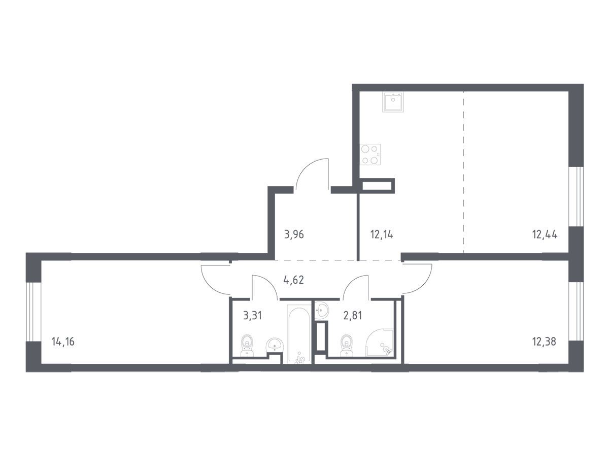 Планировка: 2-комн. квартира 65.82 м² в новостройке Лаголово