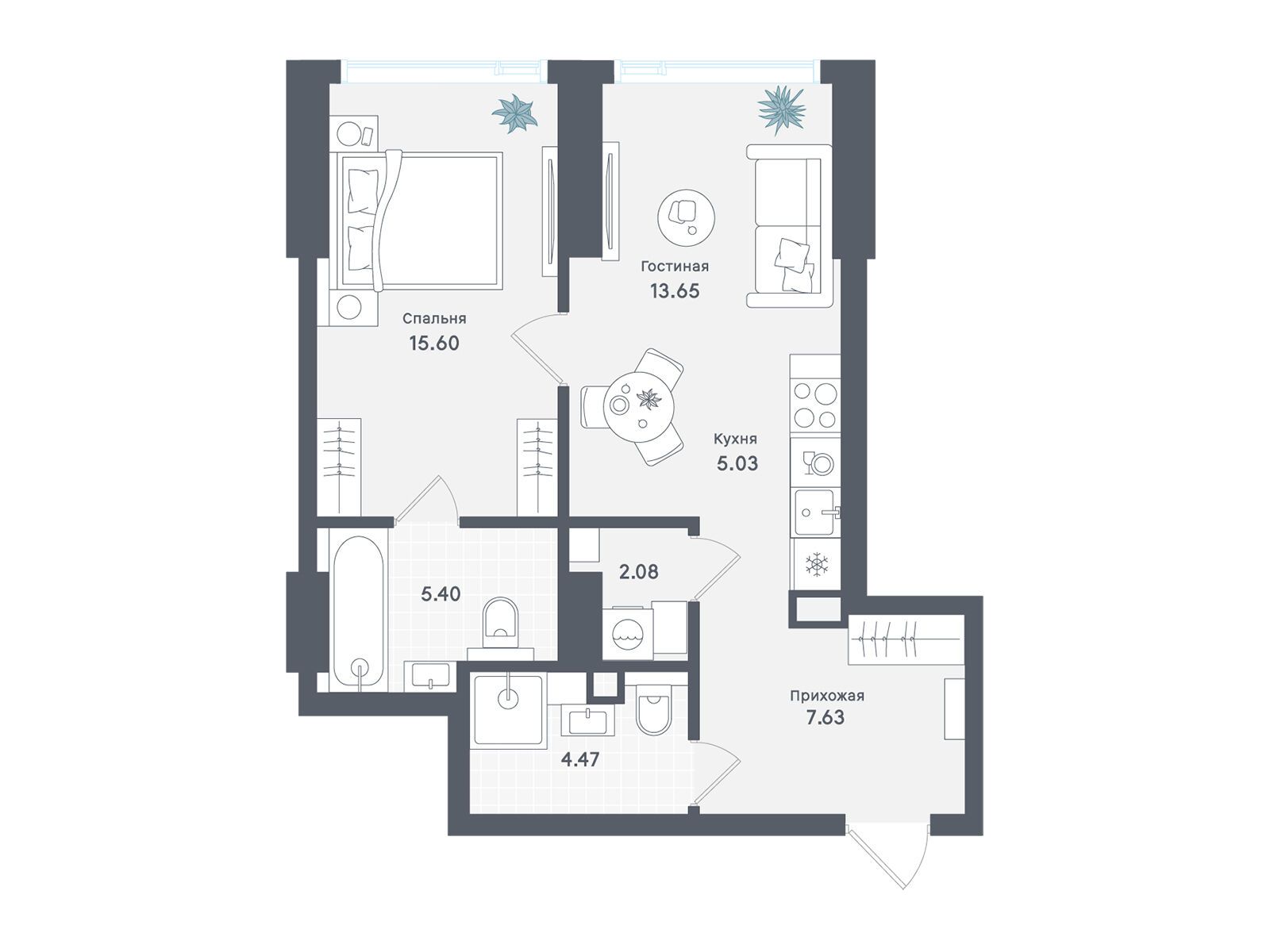 Планировка: 1-комн. квартира 53.86 м² в новостройке ЖК Солос