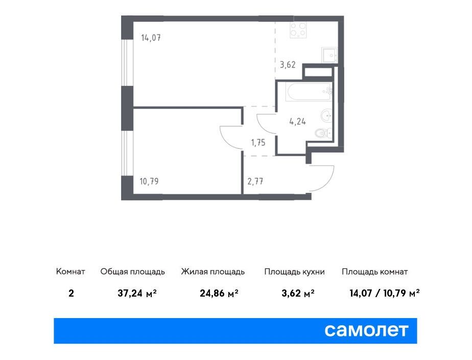 Планировка: 1-комн. квартира 37.24 м² в новостройке ЖК Лаголово