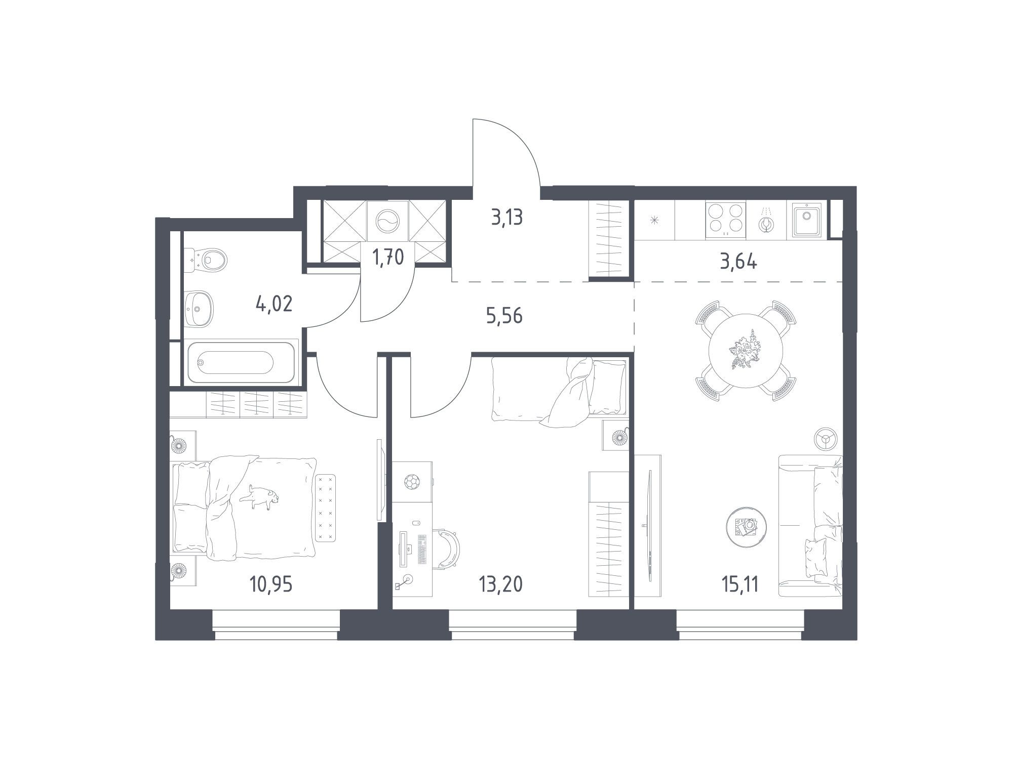 Планировка: 2-комн. квартира 57.31 м² в новостройке Богдановский Лес