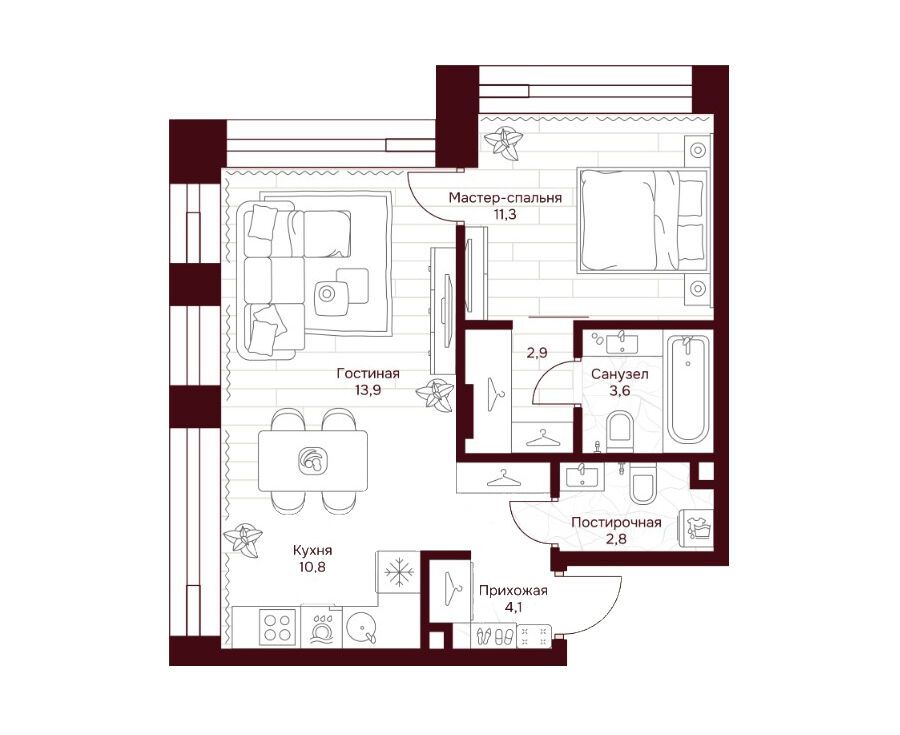 Планировка: 1-комн. квартира 49.40 м² в новостройке ЖК Дом 7 Даниловский