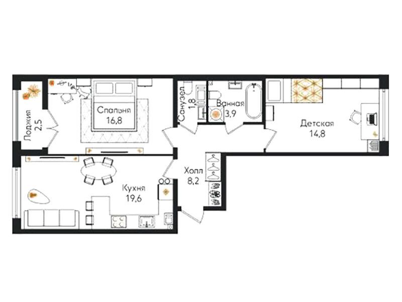 Планировка: 2-комн. квартира 66.40 м² в новостройке Кронунг Юг