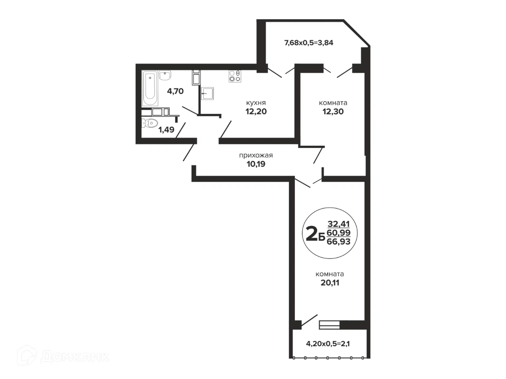 Планировка: 2-комн. квартира 66.93 м² в новостройке Гулливер