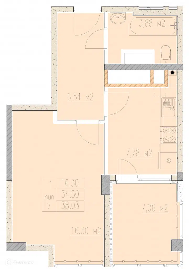 Планировка: 1-комн. квартира 38.03 м² в новостройке Агой-парк