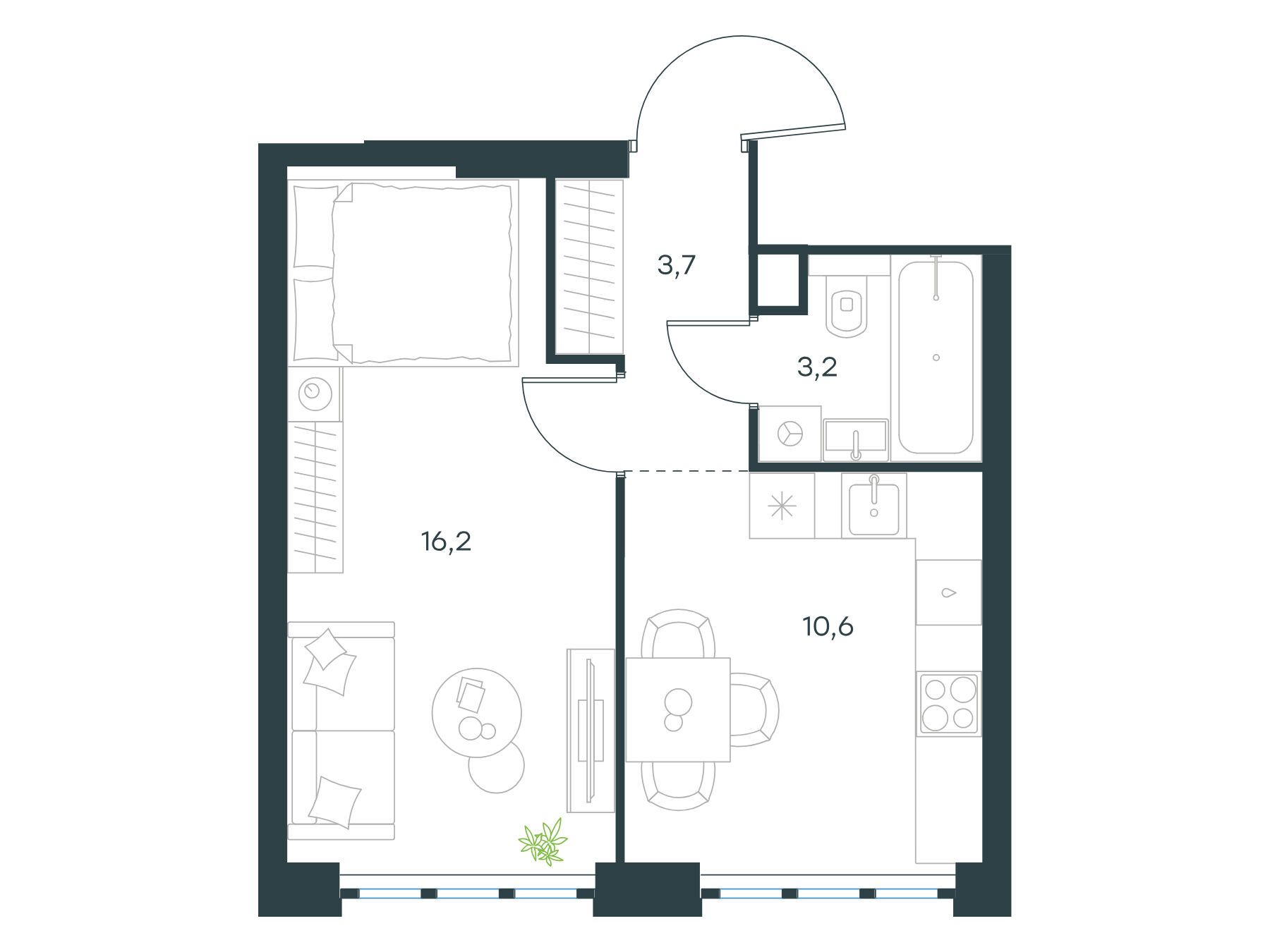 Планировка: 1-комн. квартира 33.70 м² в новостройке Левел Южнопортовая