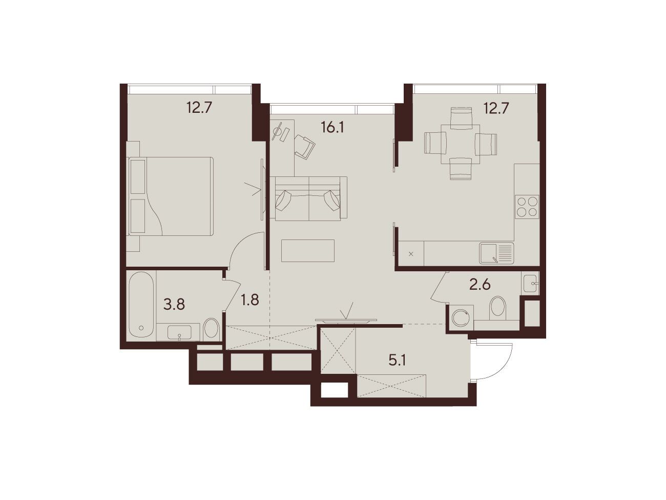 Планировка: 2-комн. квартира 54.80 м² в новостройке Инди Тауэрз